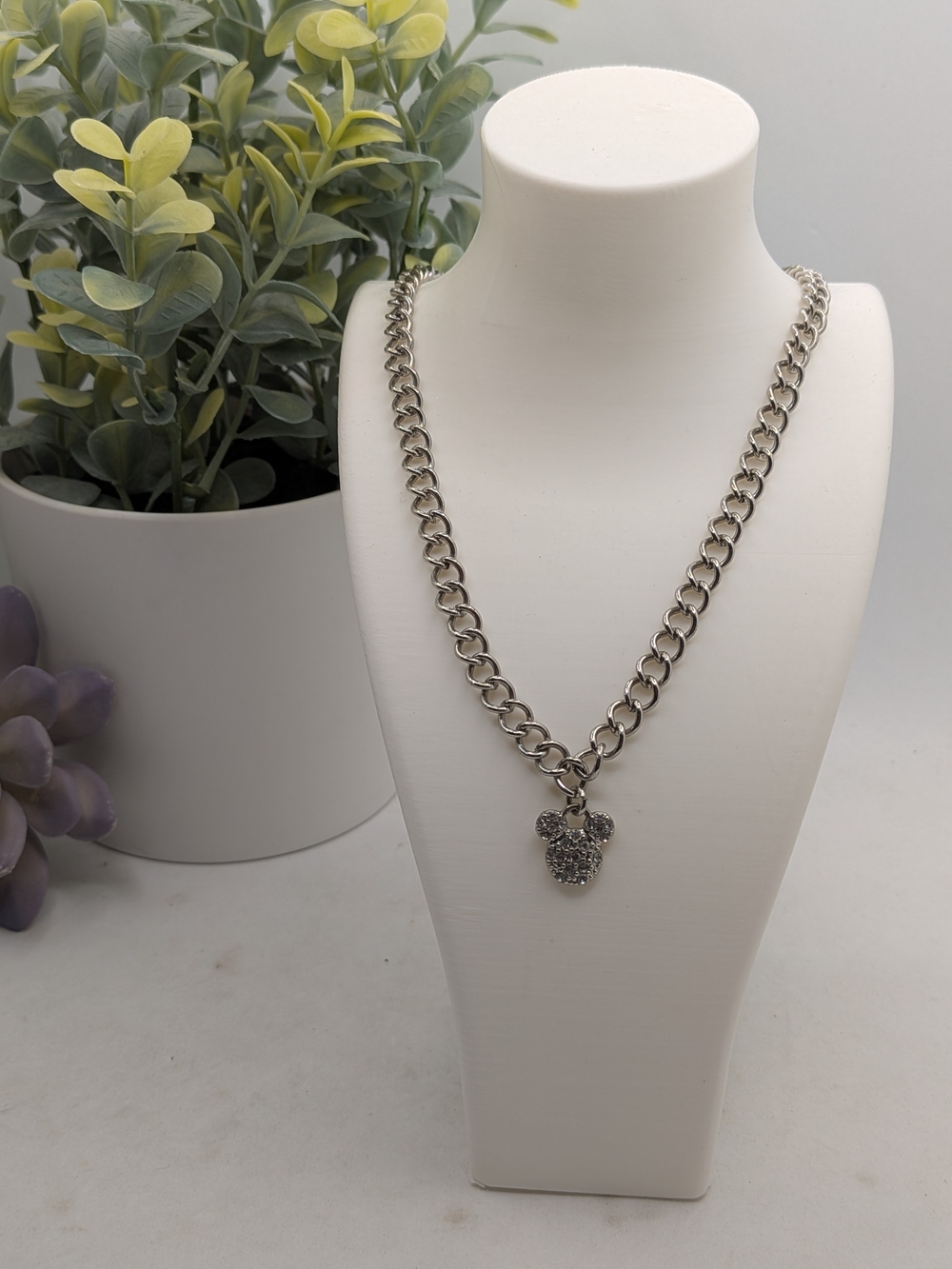 Sterling-Style Silver Chain Necklace with Crystal Mickey Pendant